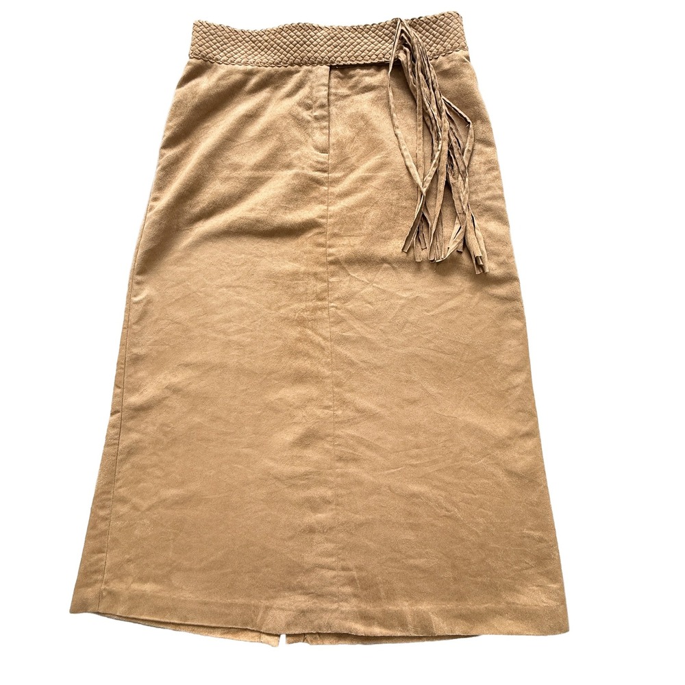 Mantles Petite Tan Faux Suede Fringe Midi Skirt Size 10P Bohemian Western Camel